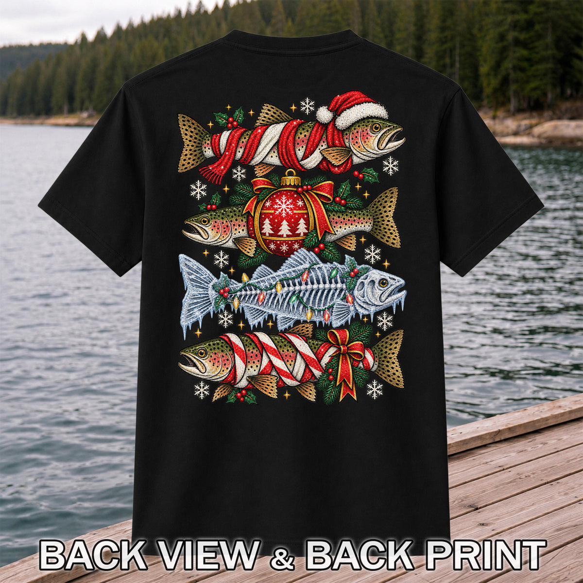 Christmas Rainbow Trout and Fish Skeleton Fishing Graphic T-Shirt | Back Print