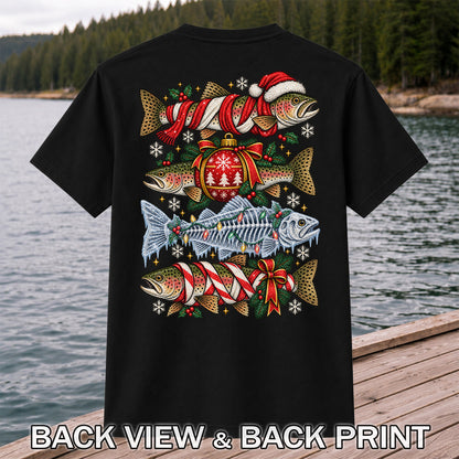 Christmas Rainbow Trout and Fish Skeleton Fishing Graphic T-Shirt | Back Print