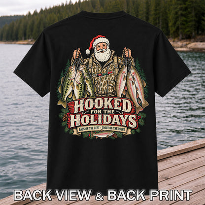Hooked for the Holidays Bass on the Left Trout on the Right Santa Christmas Fishing T-Shirt | Back Print