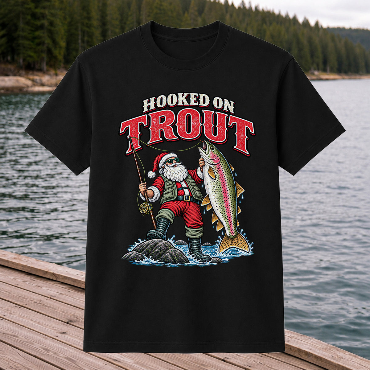 Hooked on Trout Santa Claus Rainbow Trout Christmas Fishing T-Shirt