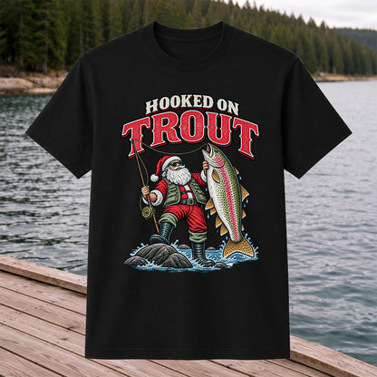 Hooked on Trout Santa Claus Rainbow Trout Christmas Fishing T-Shirt