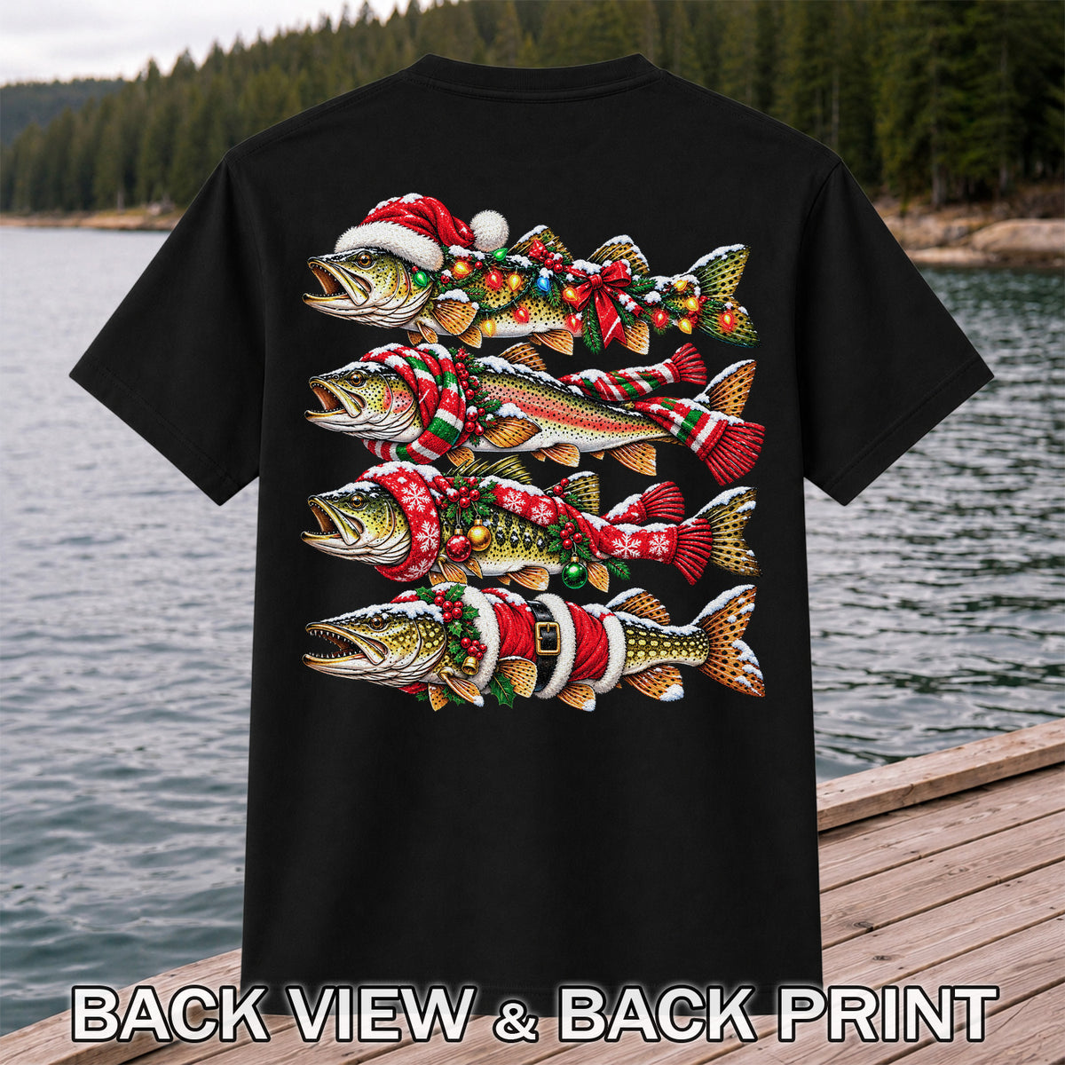Christmas Trout Fishing Holiday Graphic T-Shirt | Back Print