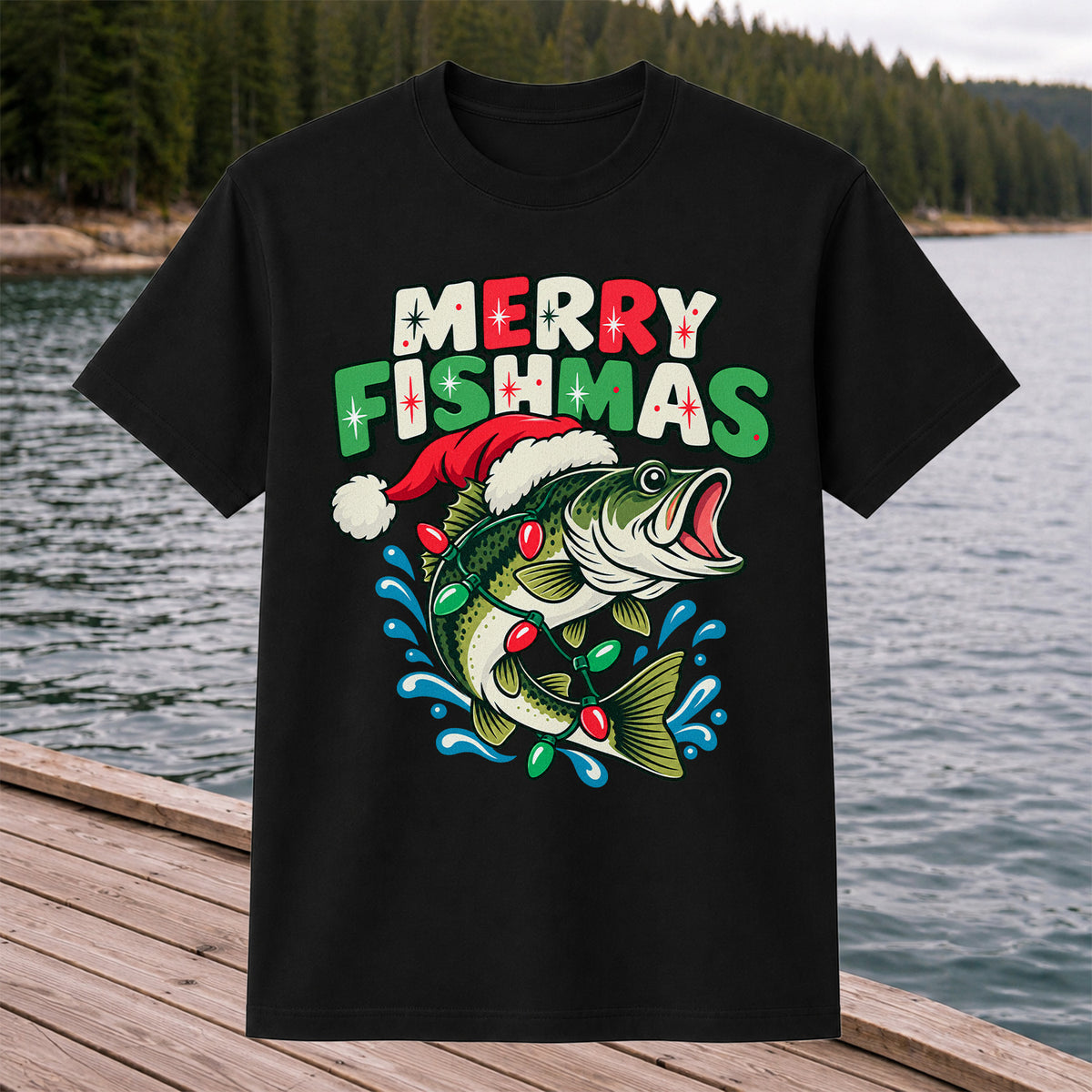 Christmas Bass Wrapped in Lights Graphic T-Shirt