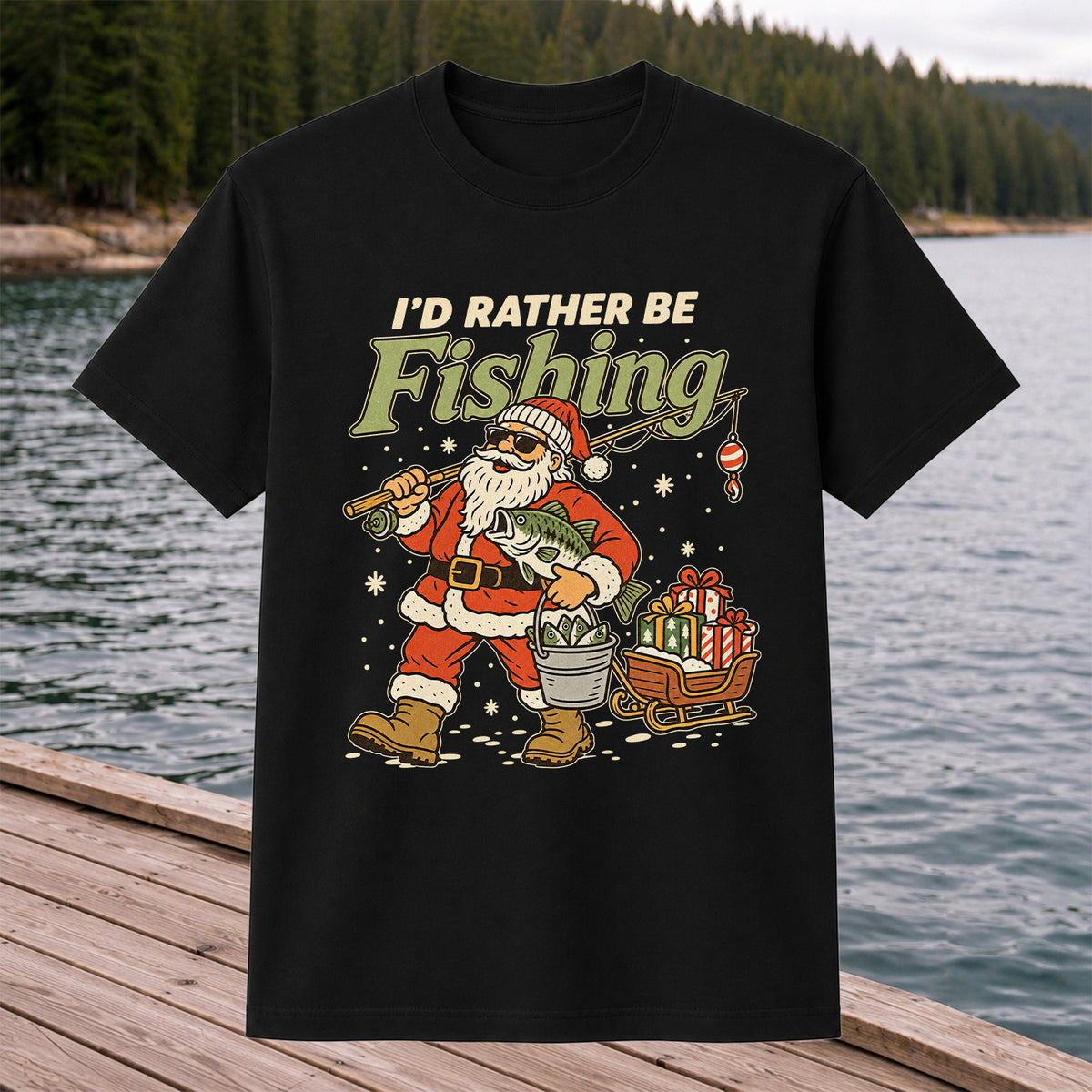 Santa Claus Fishing with Bass Christmas T-Shirt