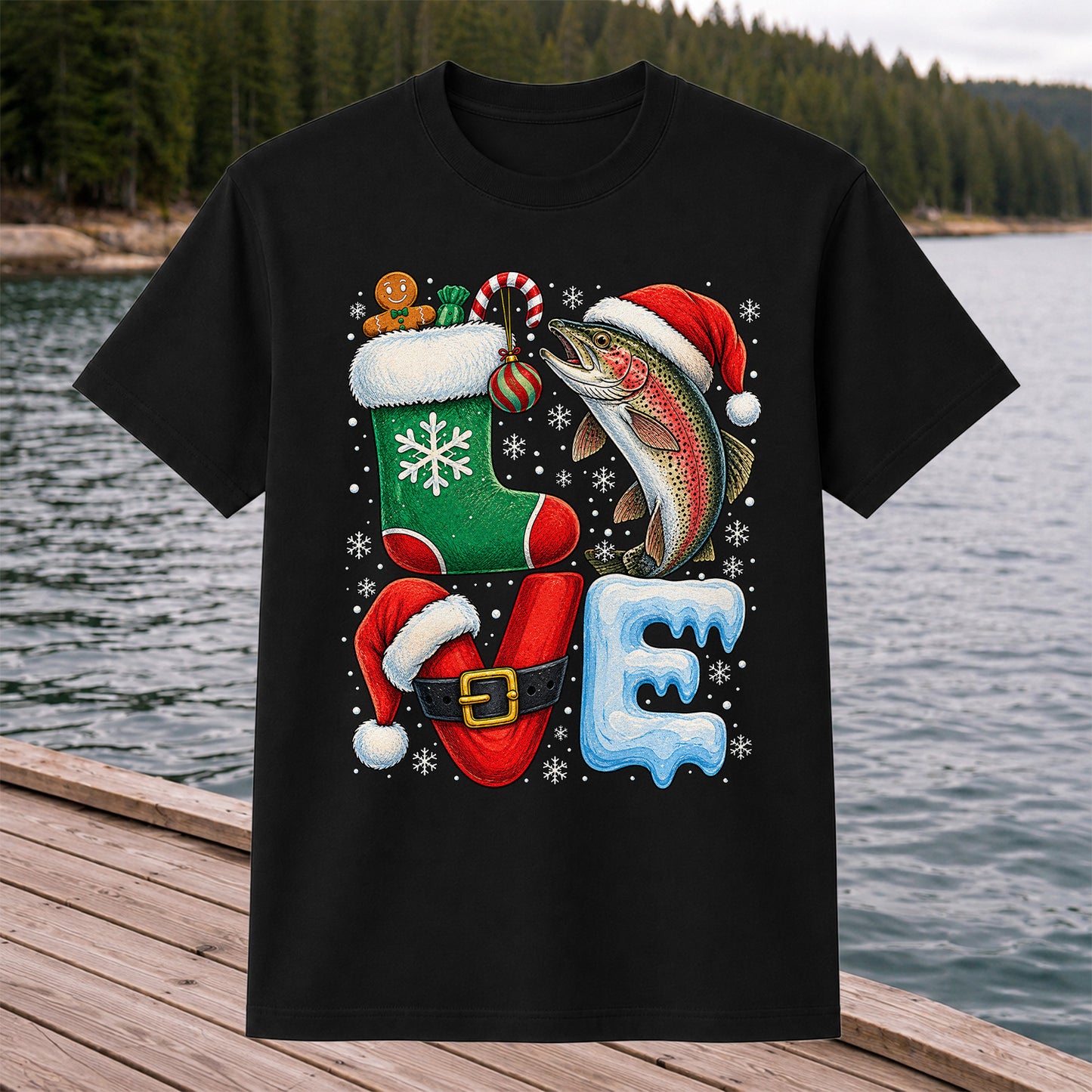 Christmas LOVE Rainbow Trout and Stocking Fishing Graphic T-Shirt