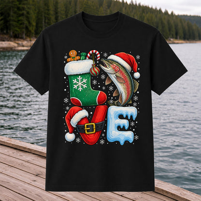 Christmas LOVE Rainbow Trout and Stocking Fishing Graphic T-Shirt