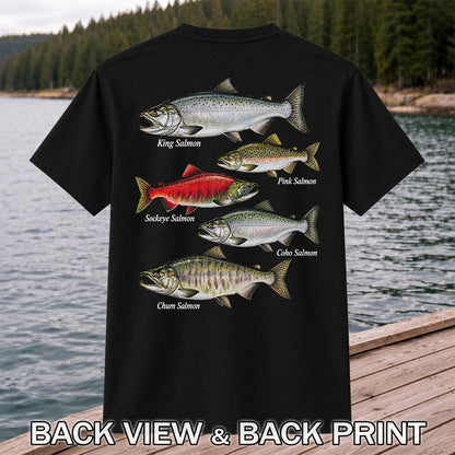 King Pink Sockeye Coho and Chum Salmon Fishing Graphic T-Shirt | Back Print