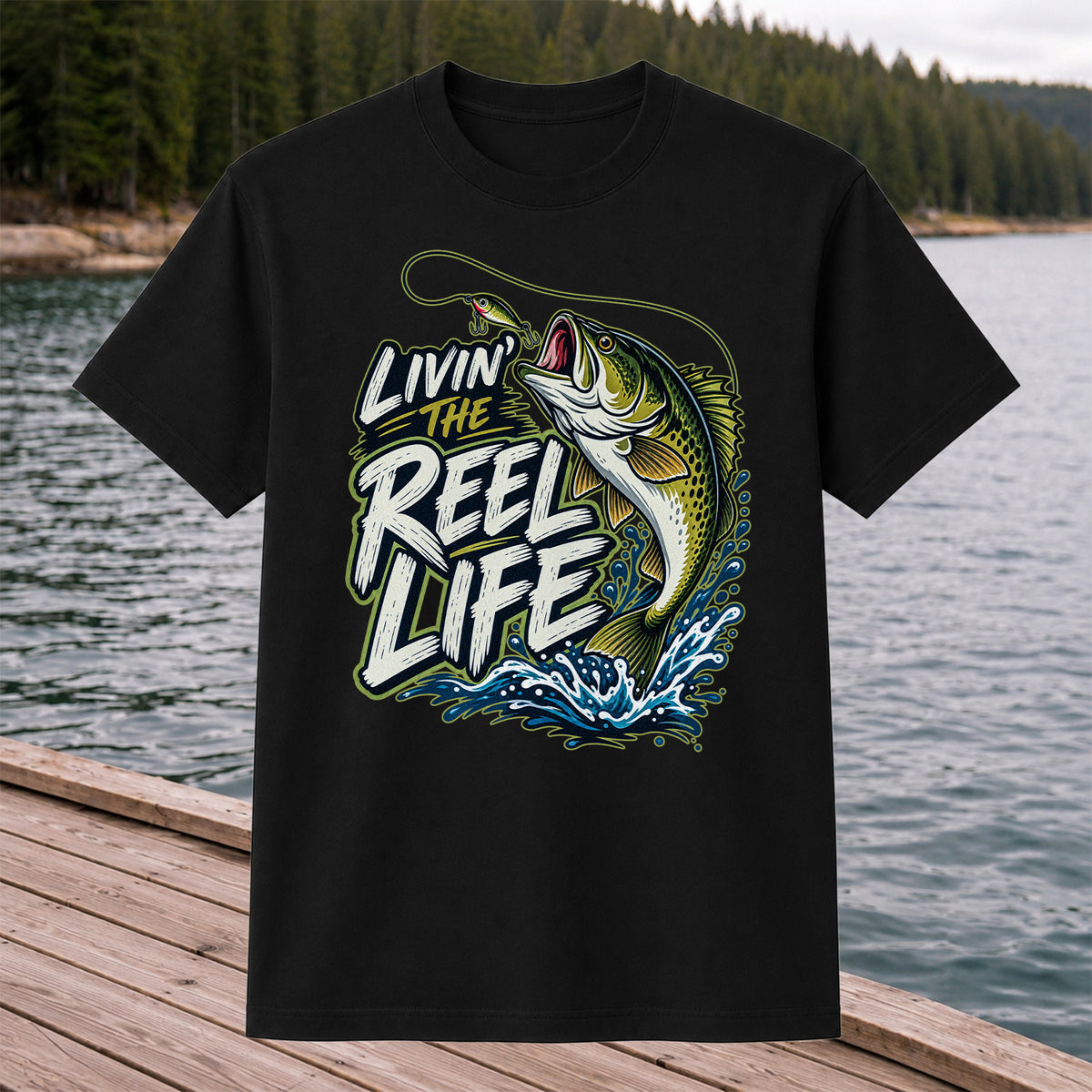 Livin' the Reel Life Jumping Bass Fishing Graphic T-Shirt