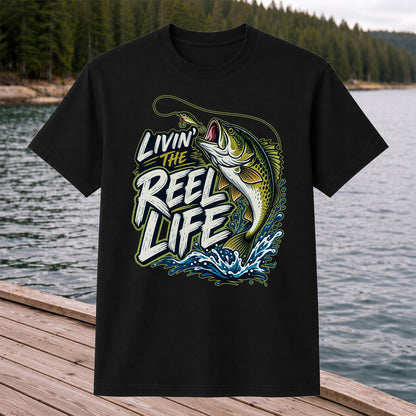 Livin' the Reel Life Jumping Bass Fishing Graphic T-Shirt