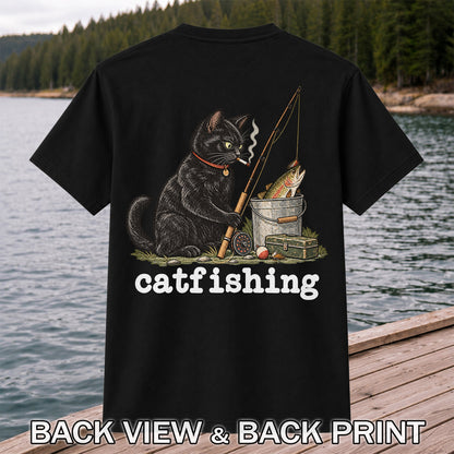 Catfishing Smoking Black Cat with Fishing Rod Funny T-Shirt | Back Print