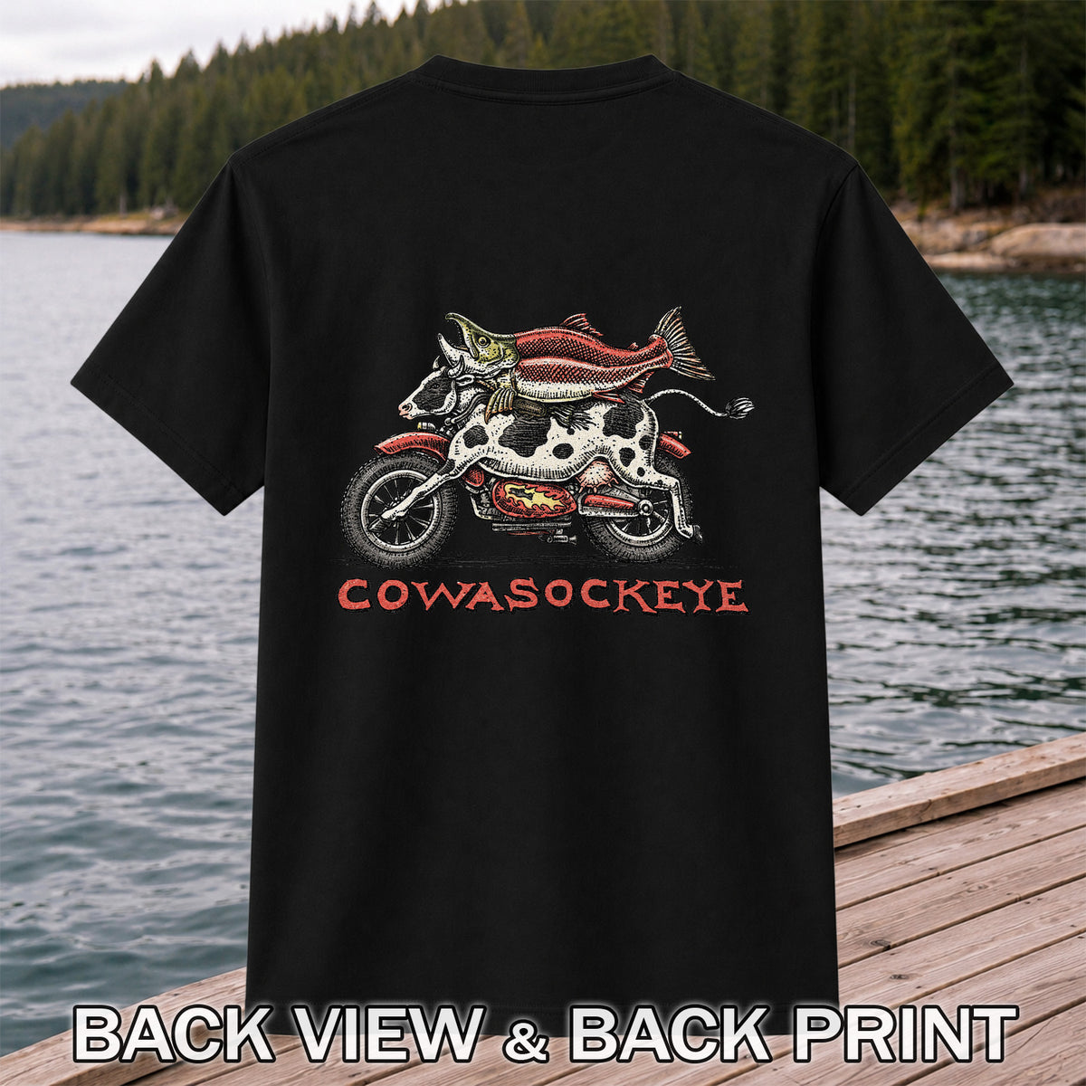 Cowasockeye Trout Motorcycle Funny Fishing Graphic T-Shirt | Back Print