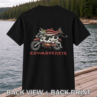Cowasockeye Trout Motorcycle Funny Fishing Graphic T-Shirt | Back Print