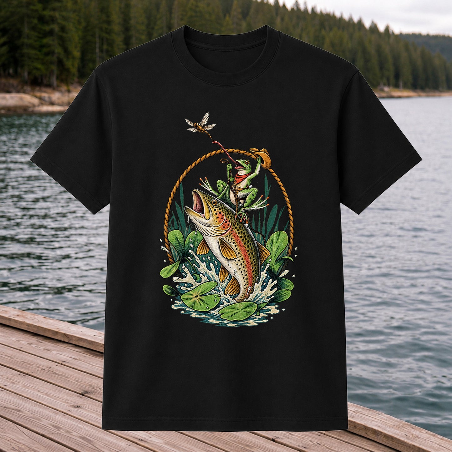 Frog Riding a Rainbow Trout Fishing Graphic T-Shirt