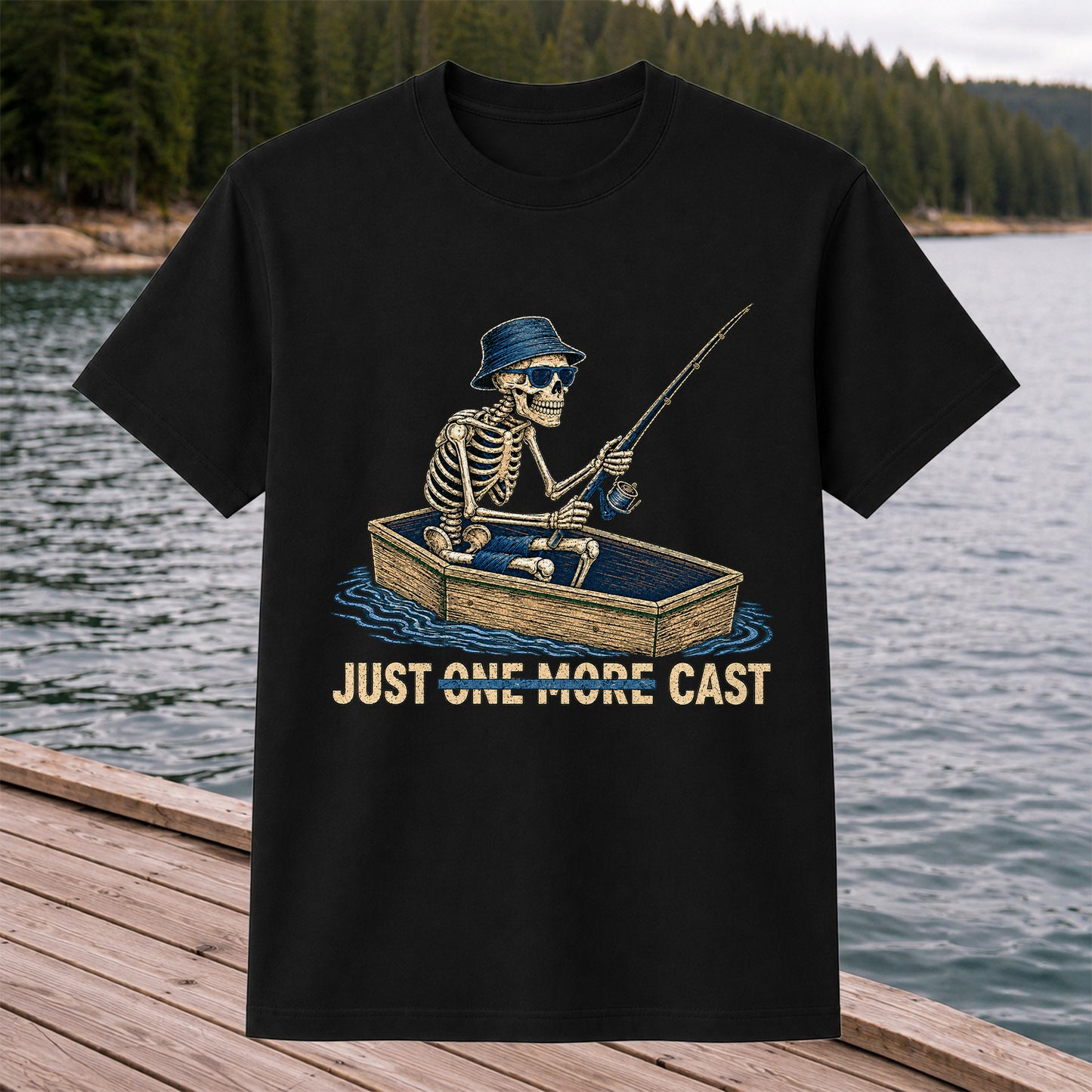 Just One More Cast Skeleton Fishing Boat Graphic T-Shirt
