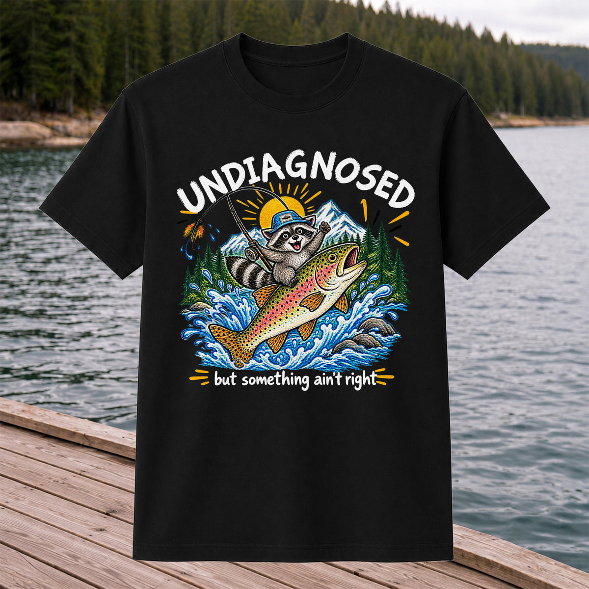 Undiagnosed But Something Ain't Right Raccoon Trout Fishing T-Shirt