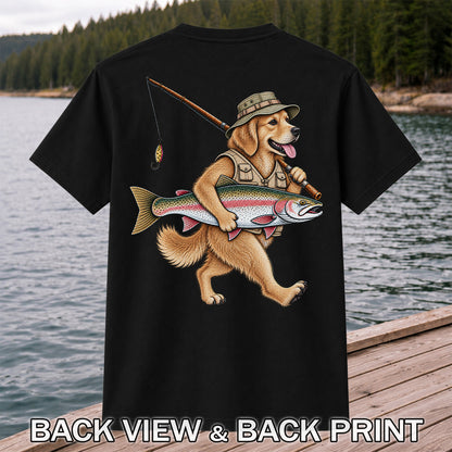 Golden Retriever Holding Rainbow Trout Fishing Graphic T-Shirt | Back Print