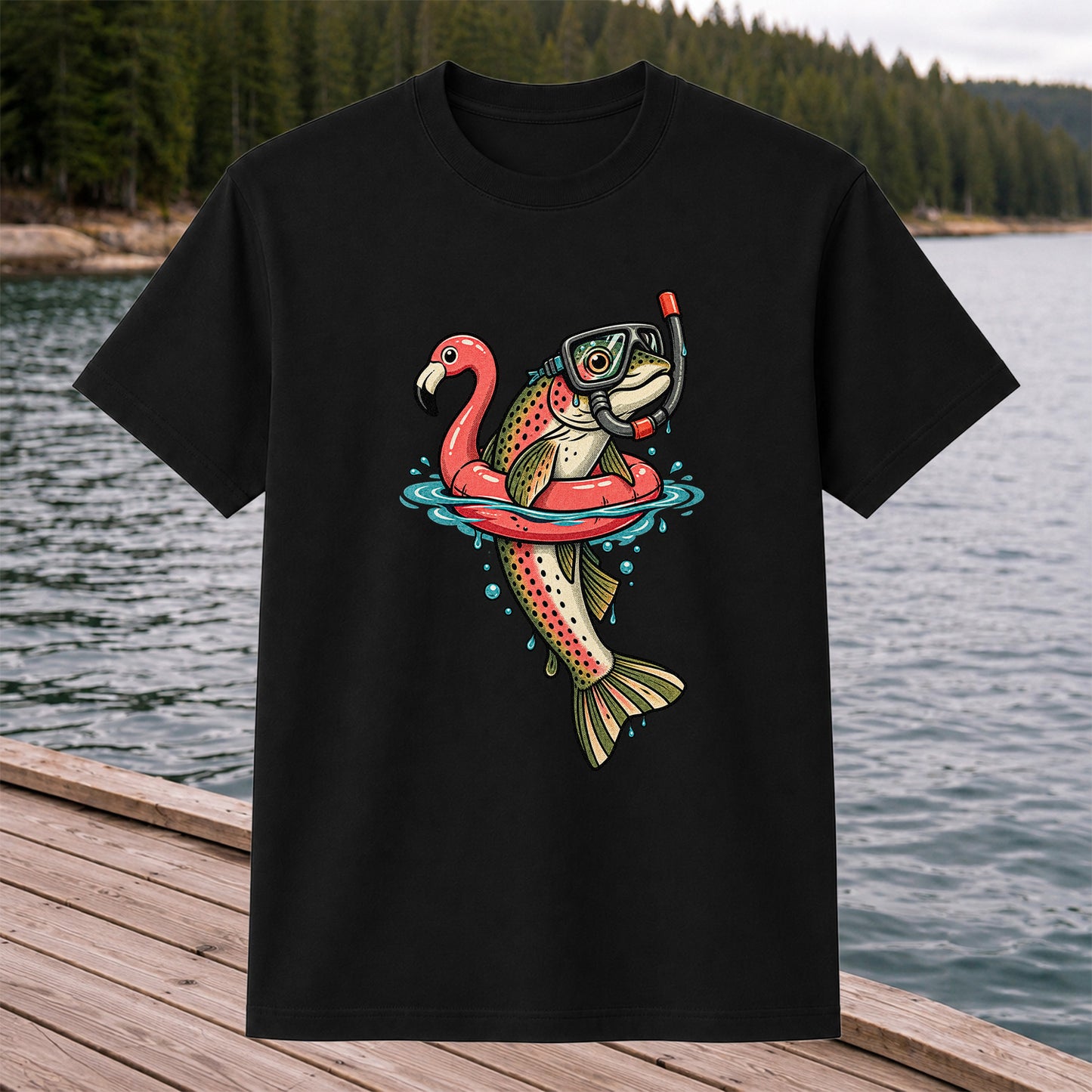 Rainbow Trout Snorkeling in a Flamingo Float Fishing Graphic T-Shirt