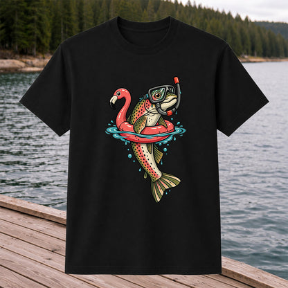 Rainbow Trout Snorkeling in a Flamingo Float Fishing Graphic T-Shirt