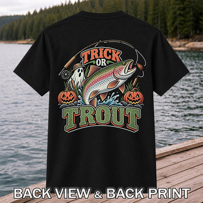 Trick or Trout Rainbow Trout Ghost and Pumpkins Halloween Fishing T-Shirt | Back Print