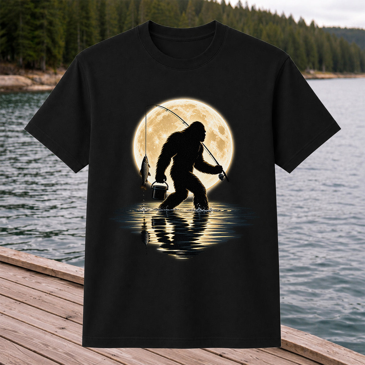 Bigfoot Fishing Under a Full Moon Graphic T-Shirt