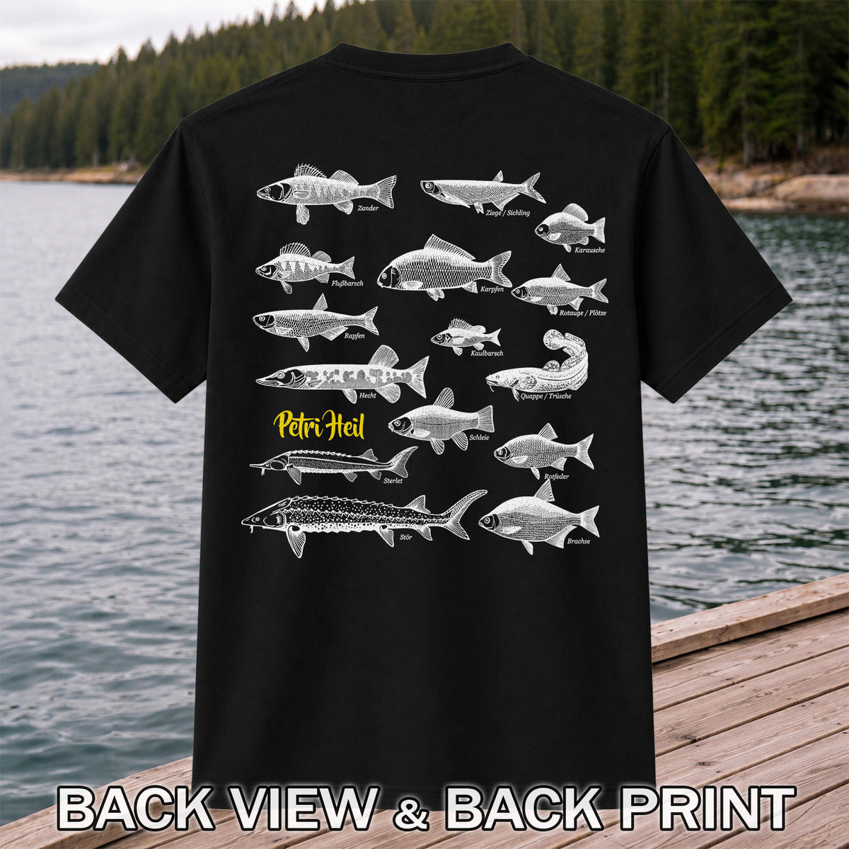 German Freshwater Fish Species Chart Fishing Graphic T-Shirt | Back Print
