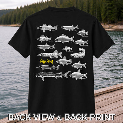 German Freshwater Fish Species Chart Fishing Graphic T-Shirt | Back Print