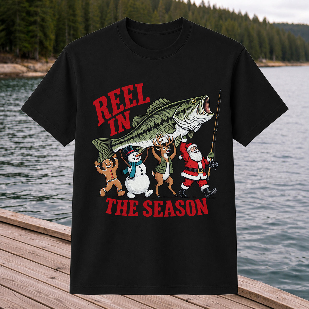 Reel in the Season Bass Christmas Fishing Graphic T-Shirt
