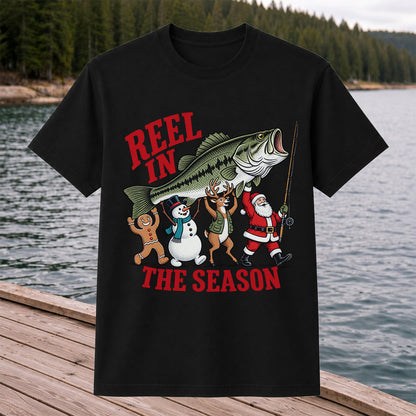 Reel in the Season Bass Christmas Fishing Graphic T-Shirt