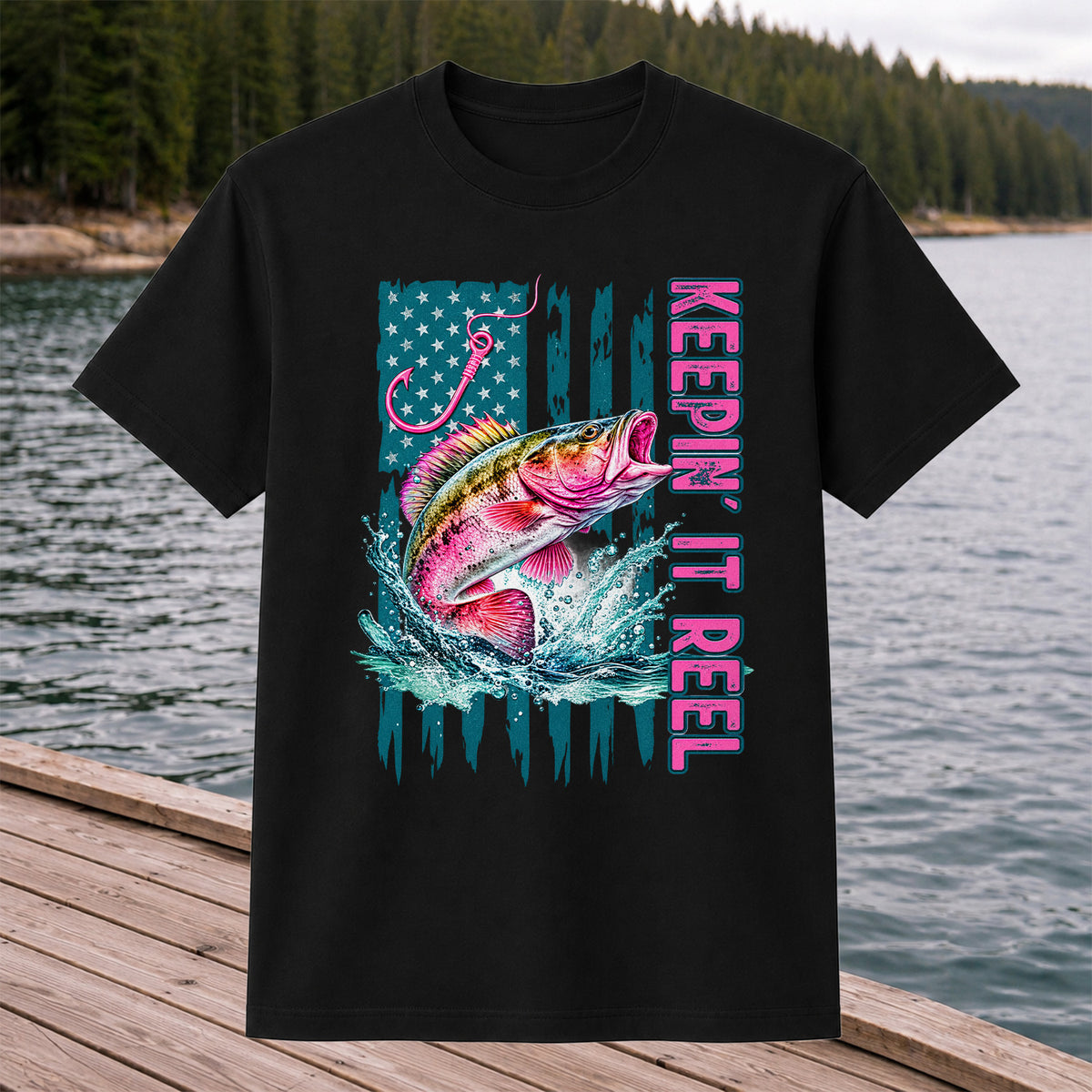 Keepin' It Reel Bass Fishing American Flag Graphic T-Shirt