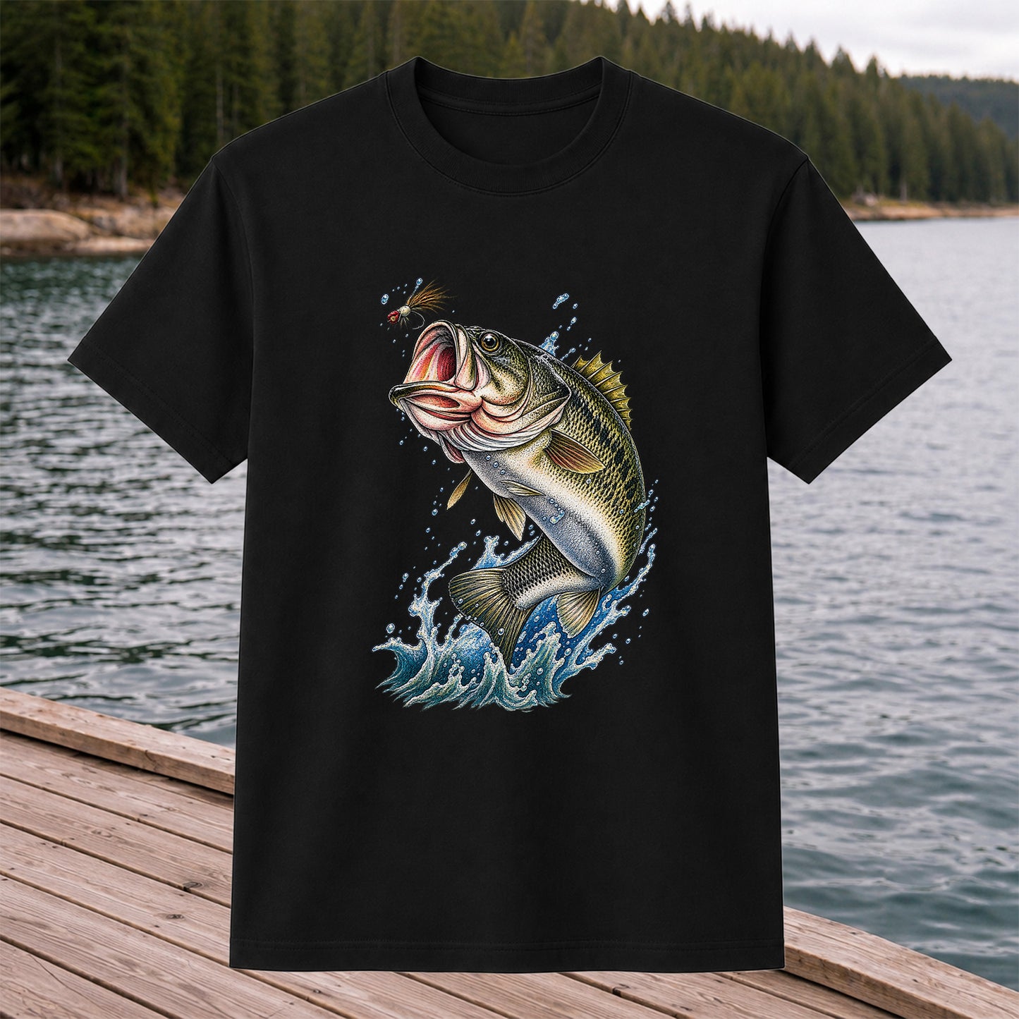 Largemouth Bass Leaping for a Fly Fishing Graphic T-Shirt