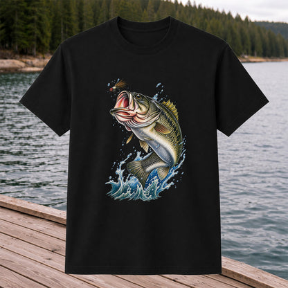Largemouth Bass Leaping for a Fly Fishing Graphic T-Shirt