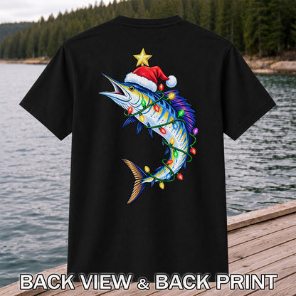 Christmas Marlin Wrapped in Lights Fishing T-Shirt | Back Print
