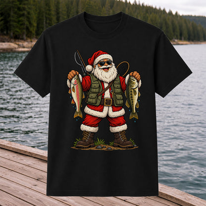 Santa Holding Rainbow Trout and Bass Christmas Fishing Graphic T-Shirt