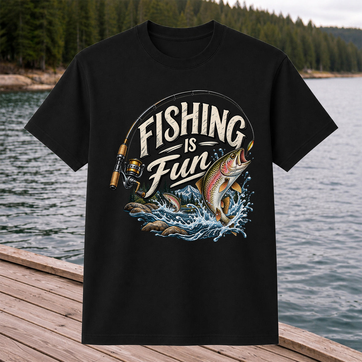 Fishing Is Fun Rainbow Trout and Mountain Graphic T-Shirt