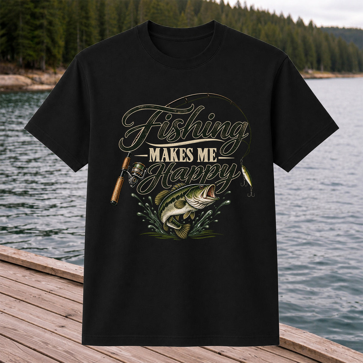 Fishing Makes Me Happy Bass Fishing Graphic T-Shirt