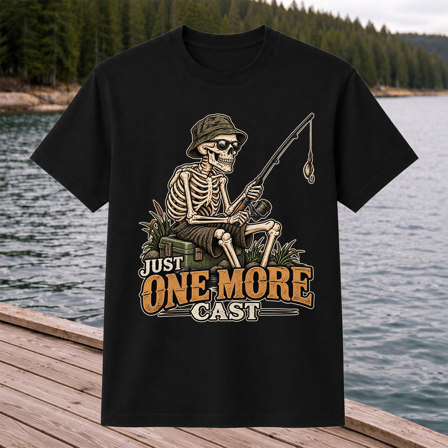 Just One More Cast Skeleton Angler Funny Fishing T-Shirt