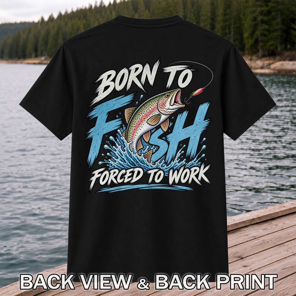 Born to Fish Forced to Work Jumping Rainbow Trout Fishing T-Shirt | Back Print
