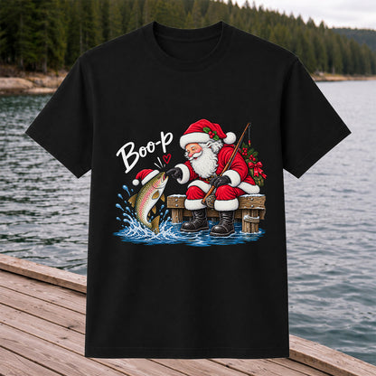 Santa Fishing for Rainbow Trout Christmas Graphic T-Shirt