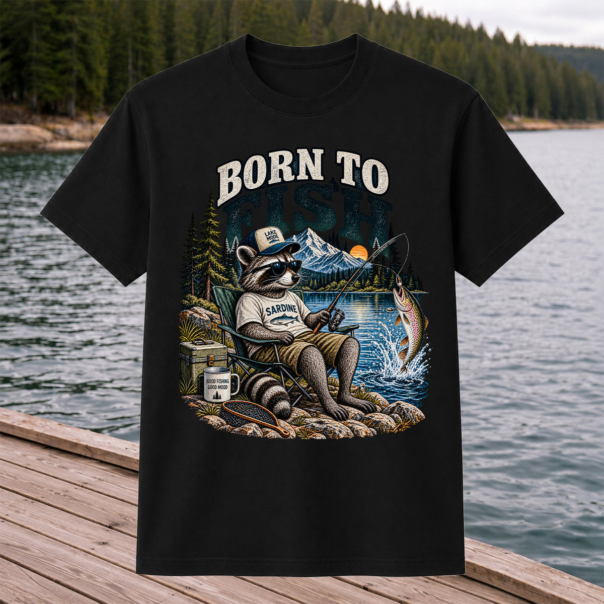 Born to Fish Raccoon in Sunglasses Lake Fishing T-Shirt