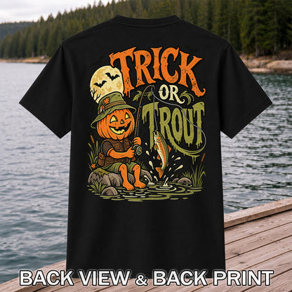 Trick or Trout Pumpkin Angler Halloween Fishing T-Shirt | Back Print