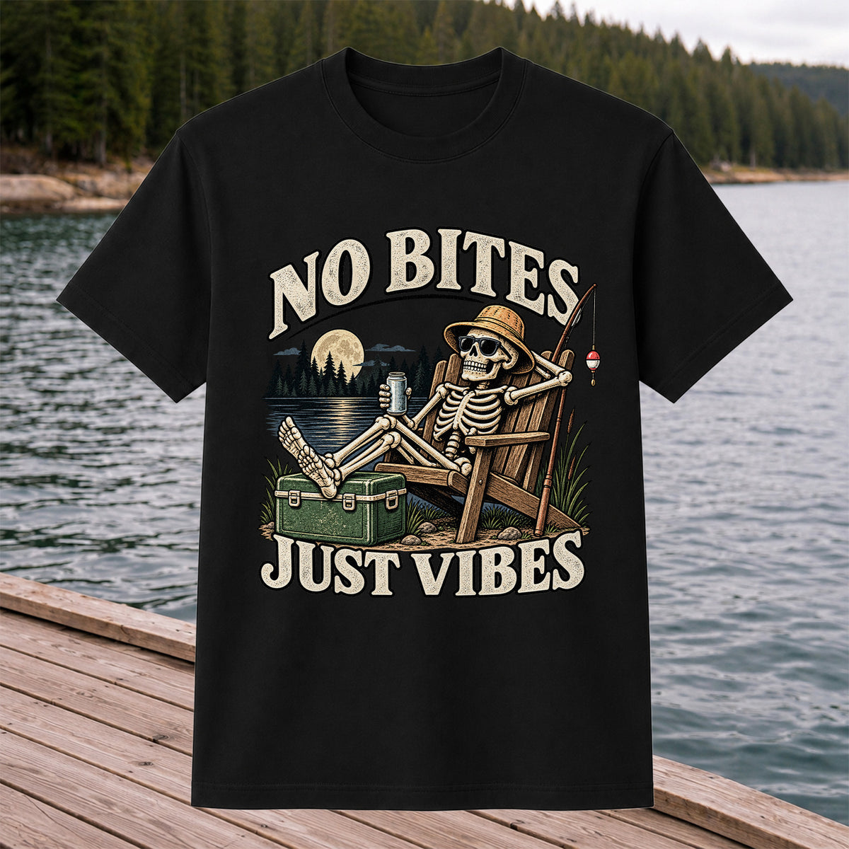 No Bites Just Vibes Skeleton Lake Fishing Graphic T-Shirt
