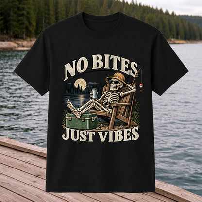 No Bites Just Vibes Skeleton Lake Fishing Graphic T-Shirt