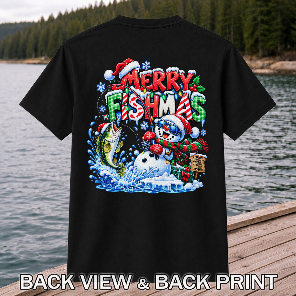 Merry Fishmas Christmas Fishing Graphic T-Shirt | Back Print