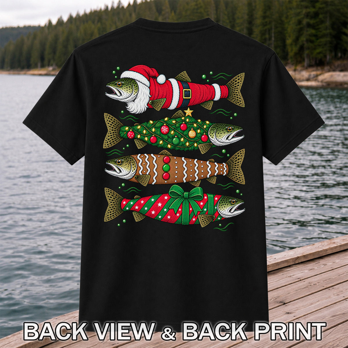 Christmas Trout Santa Tree and Gift Wrap Fishing T-Shirt | Back Print