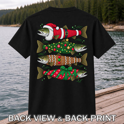 Christmas Trout Santa Tree and Gift Wrap Fishing T-Shirt | Back Print