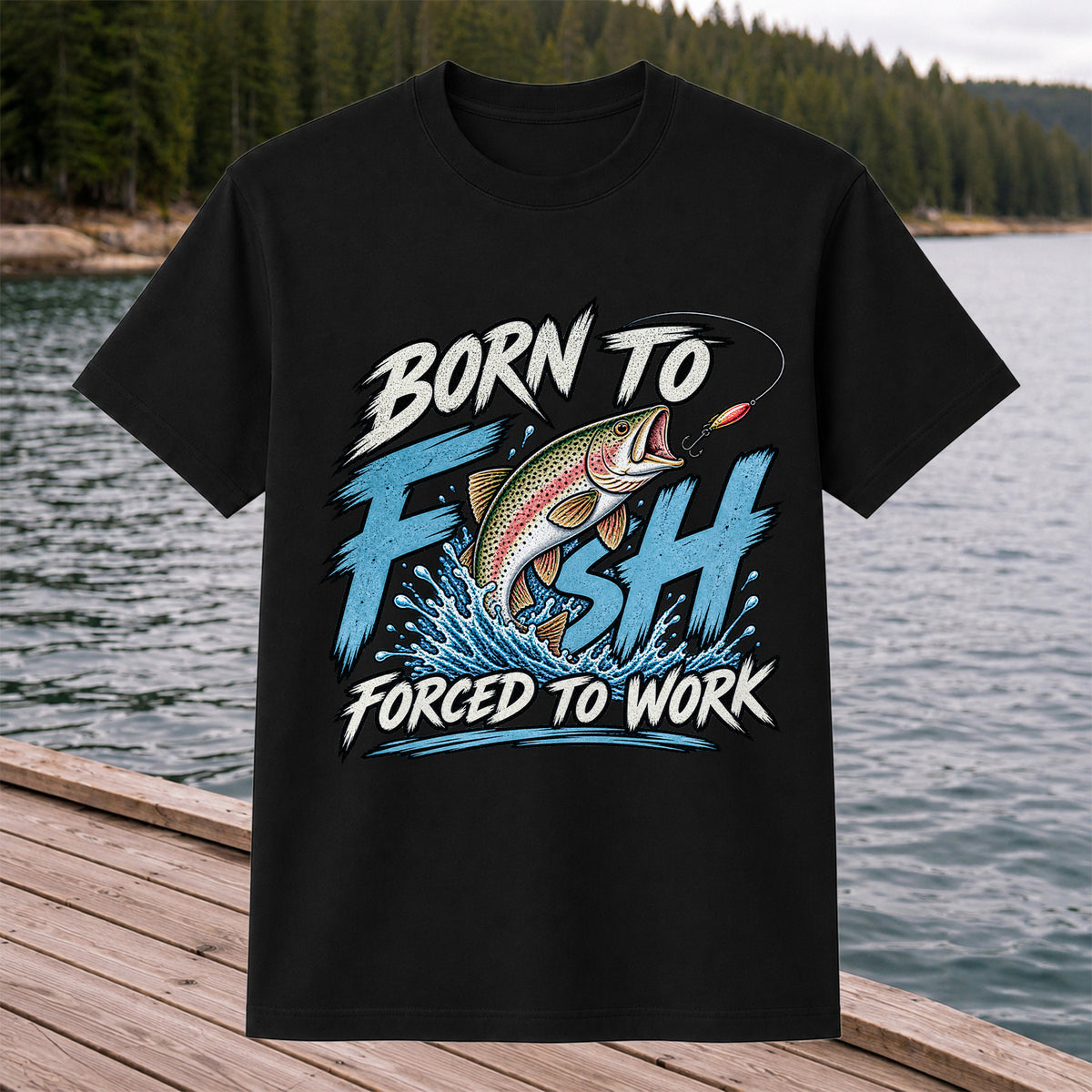 Born to Fish Forced to Work Jumping Rainbow Trout Fishing T-Shirt