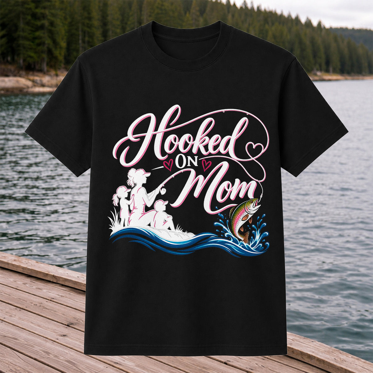 Hooked on Mom Rainbow Trout Family Fishing T-Shirt