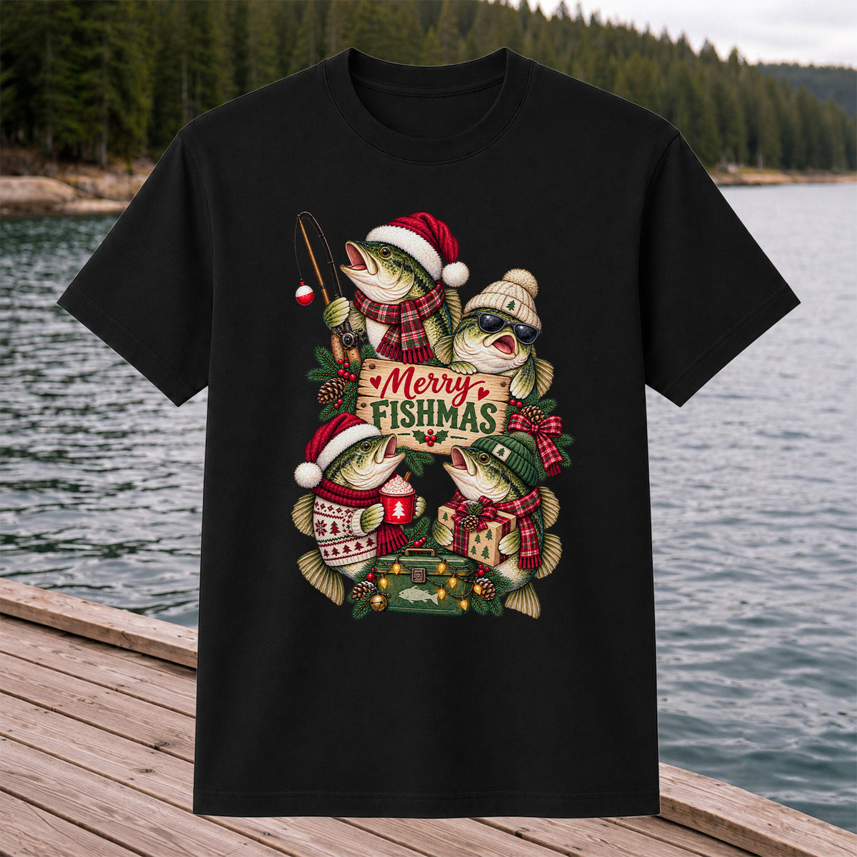 Merry Fishmas Bass Christmas Fishing Graphic T-Shirt