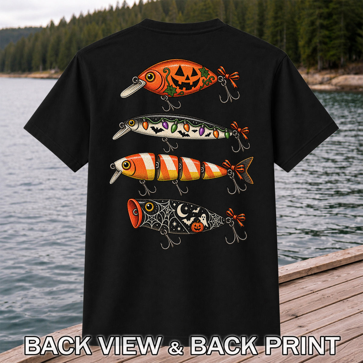 Halloween Fishing Lures with Pumpkin, Ghost and Candy Corn Graphic T-Shirt | Back Print