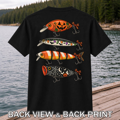 Halloween Fishing Lures with Pumpkin, Ghost and Candy Corn Graphic T-Shirt | Back Print